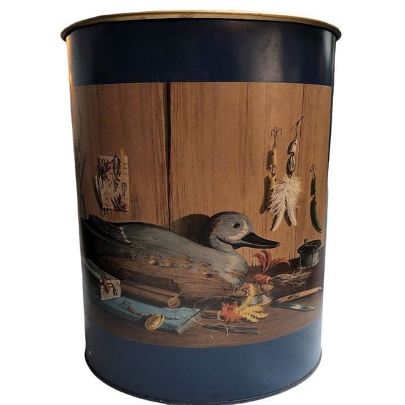 Vintage Plymouth Trash Can Waste Basket Duck Fly Fishing Mens Office Study MCM - Picture 1 of 10